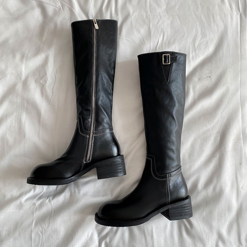 Thick Bottom Soft Leather Pleated Retro Boots Knight Women'S Boots Widened Fleece-Lined Plus Size Women'S Shoes 41-43 - Image 1